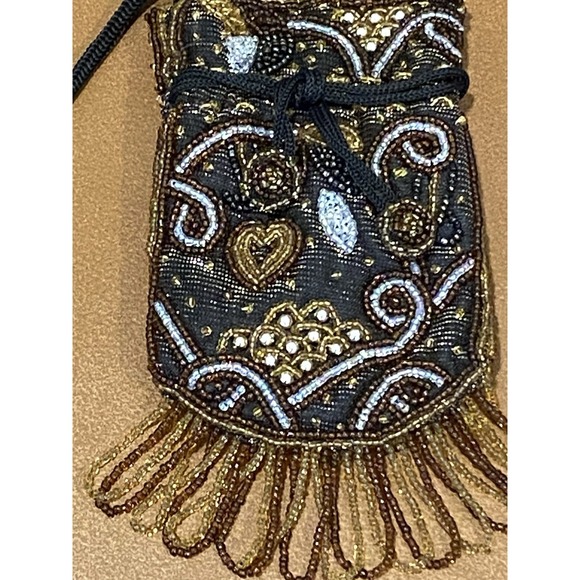 Beaded Small Crossbody Bag Black, Silver, Gold, Brown 6 x 3.5 inches Pouch - Picture 2 of 4